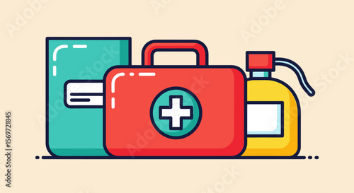 Medical supplies arrangement showcasing first aid essentials, highlighting healthcare readiness and emergency preparedness for health support and safety