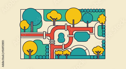 Abstract park landscape showcasing stylized trees and a pathway system, representing urban planning and green space design