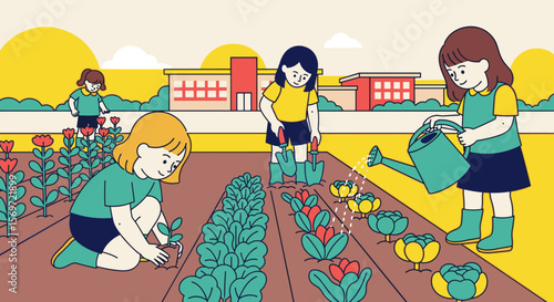 Children gardening vegetables and flowers, planting and watering plants, emphasizing environmental awareness and sustainable lifestyle