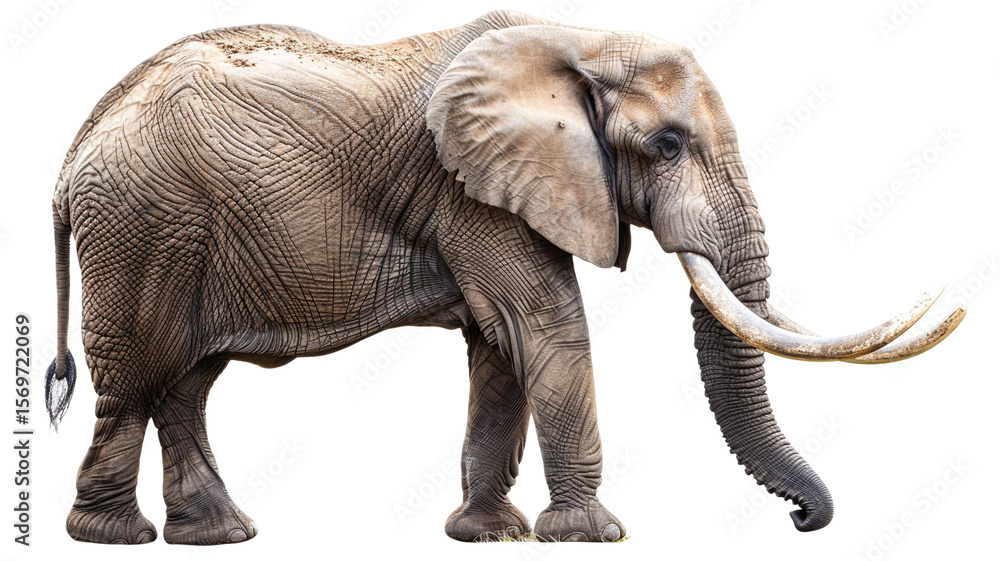 Obraz premium Powerful elephant with magnificent large tusks, isolated on a pure white background. A symbol of strength.
