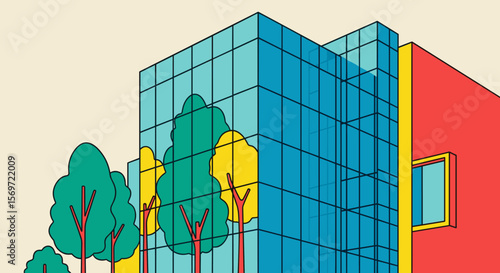 Modern architecture showcasing vibrant colors and stylized trees, symbolizing urban development with green spaces and contemporary design