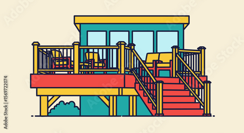 Stylish deck illustration emphasizing outdoor living, featuring vibrant design and recreational space for relaxation, symbolizing leisure and home improvement.