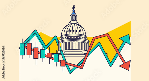 Graphic showcasing market trends with capitol building, depicting political influence on stock fluctuations, symbolizing economic volatility