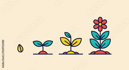Lifecycle illustration depicting plant growth stages, showcasing progression from seed to flower, symbolizing development and potential