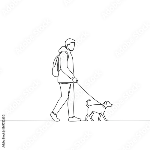 Man walking a dog on leash in simple line art style  