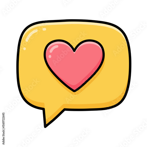 Cartoon speech bubble with pink heart on yellow background  