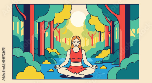 A serene forest setting showcasing one 30s woman meditating peacefully, symbolizing inner peace and mindfulness amid nature's beauty