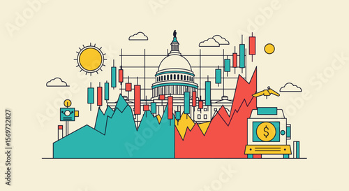 A conceptual illustration showcasing stock market trends and economic indicators, representing financial volatility near the capitol building and government regulation