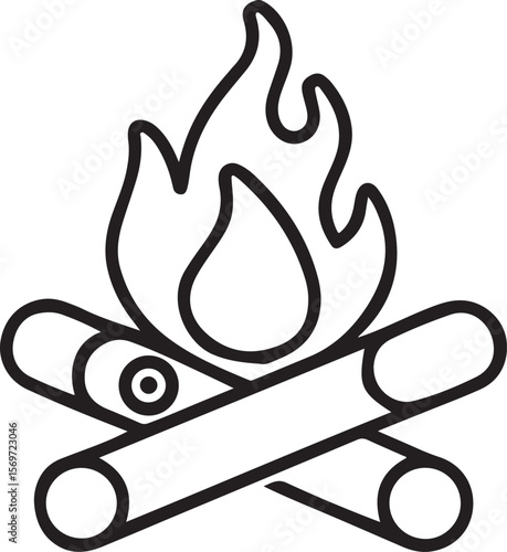 Campfire Icon, Burning Logs with Flames, Traditional Outdoor Fire Vector in Clean Black Line Style
