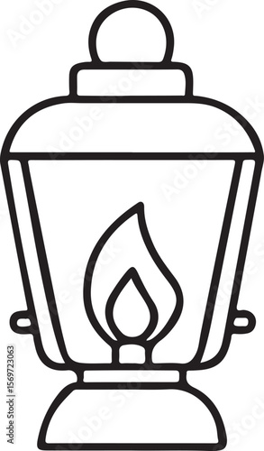 Lantern Icon, Camping Light with Burning Flame, Outdoor Night Gear in Minimal Clean Black Line Illustration