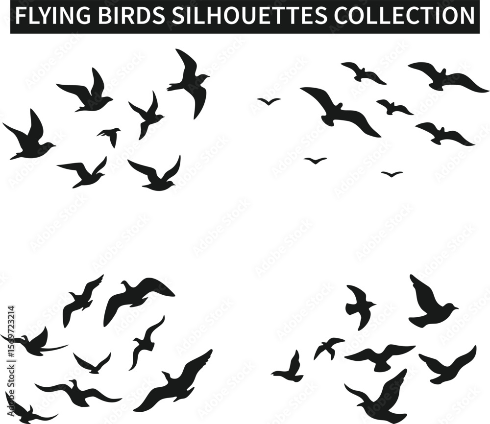 Flying Birds Silhouettes Set – Black Vector of Flock and Individual Birds in Flight Flying Birds Silhouettes Set – Black Vector of Flock and Individual Birds in Flight