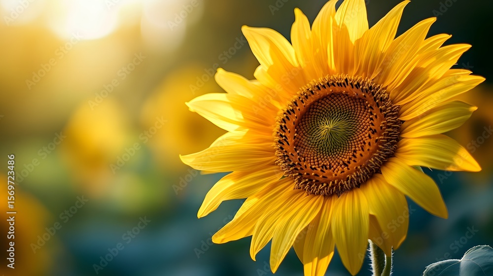 Naklejka premium A vibrant yellow sunflower blooms beautifully in a field bathed in warm sunlight, showcasing nature's beauty and radiating a sense of joy and optimism today.