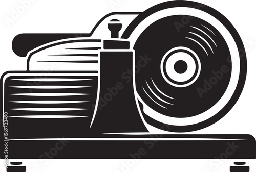 black and white silhouette illustration of a deli meat slicer machine labeled “Delipro” with circular blade and classic design