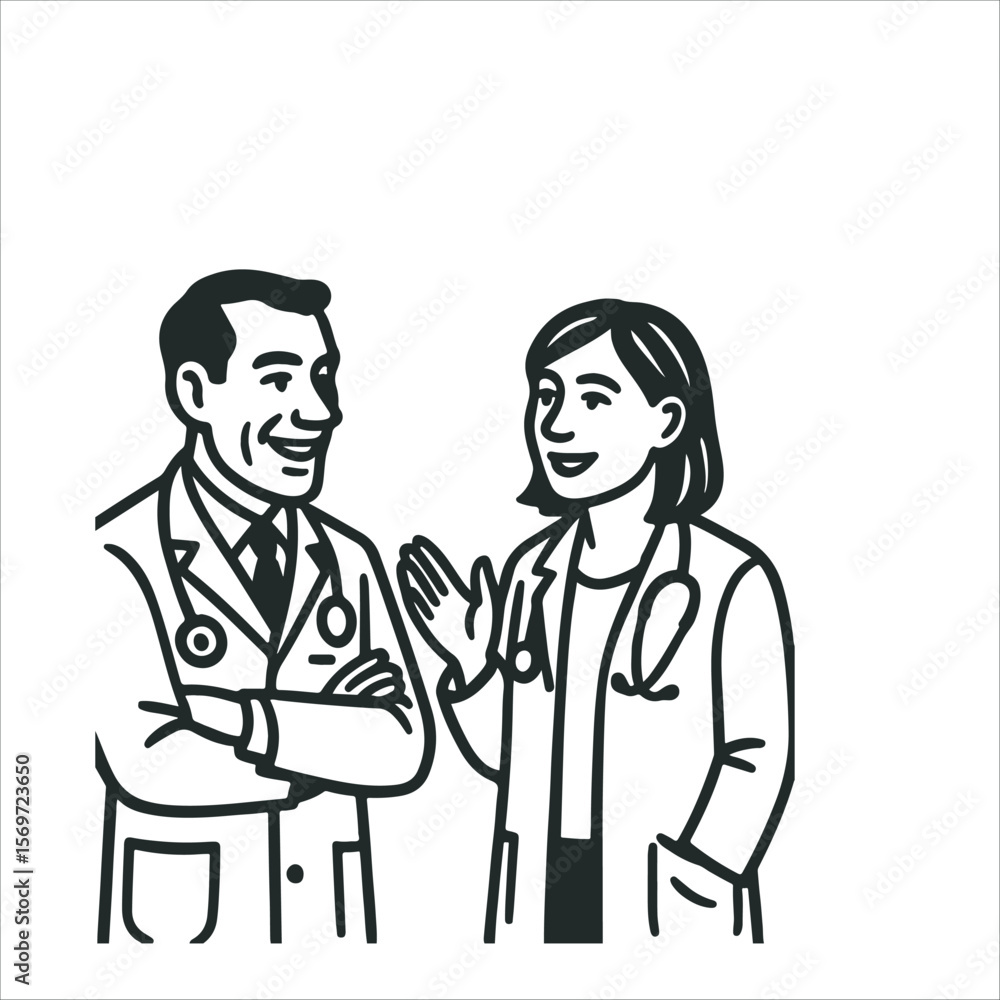 Doctors talking. Two doctors talking, healthcare professionals in a clinic. Doctors talking. Two doctors talking, healthcare professionals in a clinic.