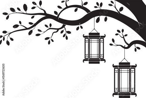  silhouette of hanging lanterns on a willow tree branch with cascading leaves in traditional Asian-inspired black and white design
