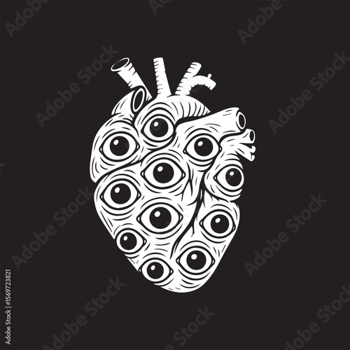 heart with eyes illustration in black and white