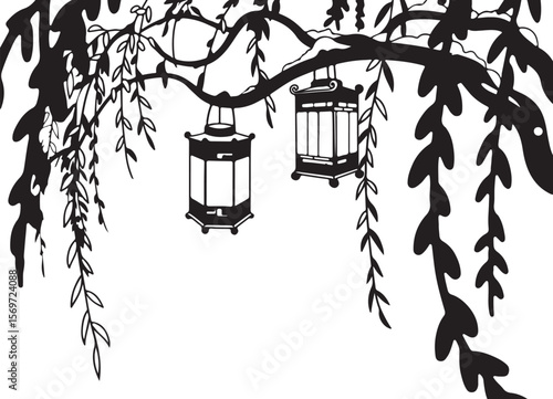 silhouette of hanging lanterns on a willow tree branch with cascading leaves in traditional Asian-inspired black and white design