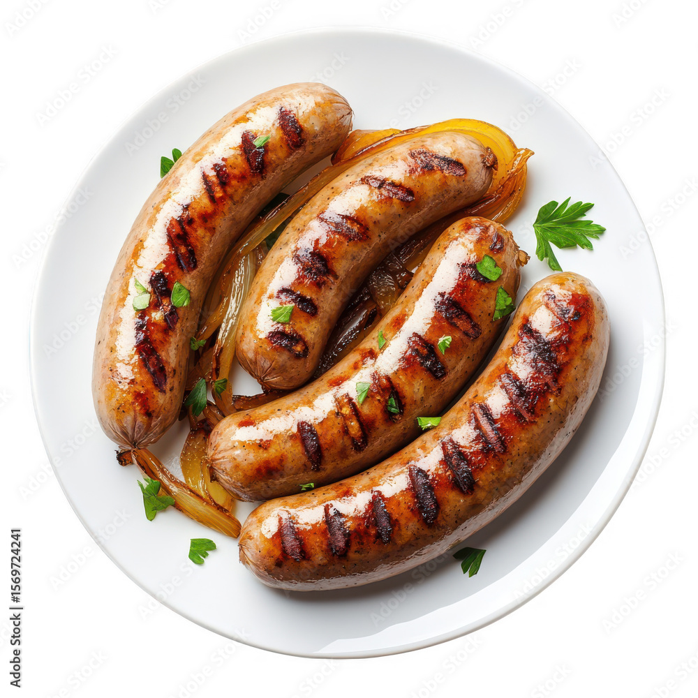 Four grilled sausages with caramelized onions and parsley on a white plate isolated on transparent background Four grilled sausages with caramelized onions and parsley on a white plate isolated on transparent background