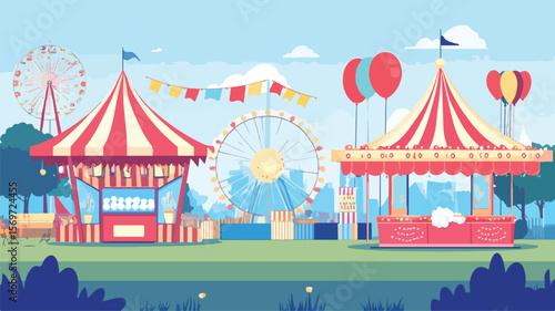 Vibrant Amusement Carnival Park with Circus Tent and Merry-Go-Round