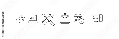 Web development tools and digital interface icon set with megaphone API wrench globe calendar clock and desktop screen.