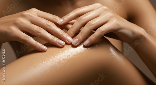 Wallpaper Mural Close-up of female hands applying body oil to glowing skin, soft lighting, focus on skin texture and shine, concept of skincare, self-care, hydration, and natural beauty. Torontodigital.ca