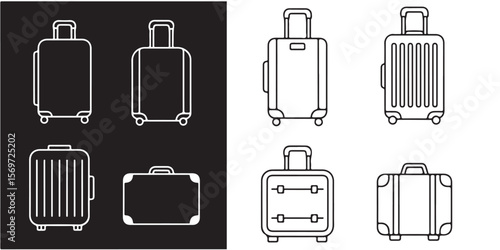 Luggage, travel bag, suitcase symbols. Vector icons, Minimal Baggage, suitcase icon outline coloring book page line art vector silhouettes