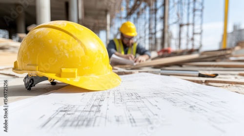 A yellow hard hat on blueprints at a construction site with workers in the background focusing on their tasks.