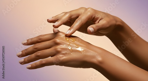 Close-up of female hands applying body oil to glowing skin, soft lighting, focus on skin texture and shine, concept of skincare, self-care, hydration, and natural beauty.