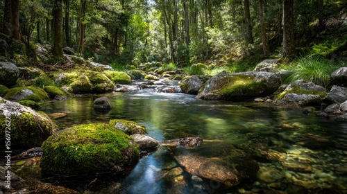Crystal-clear stream winding through mossy forest