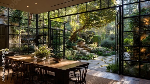 Sunlit dining room with expansive garden views through large metal framed doors