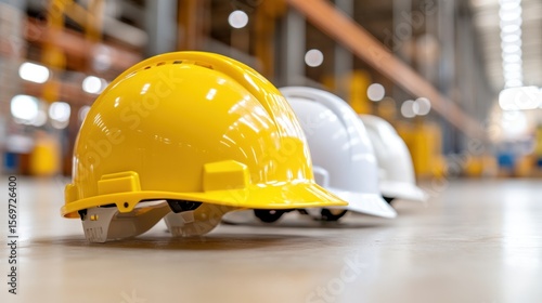 Wallpaper Mural Vibrant hard hats lined up in a professional work environment, symbolizing safety and teamwork. Torontodigital.ca