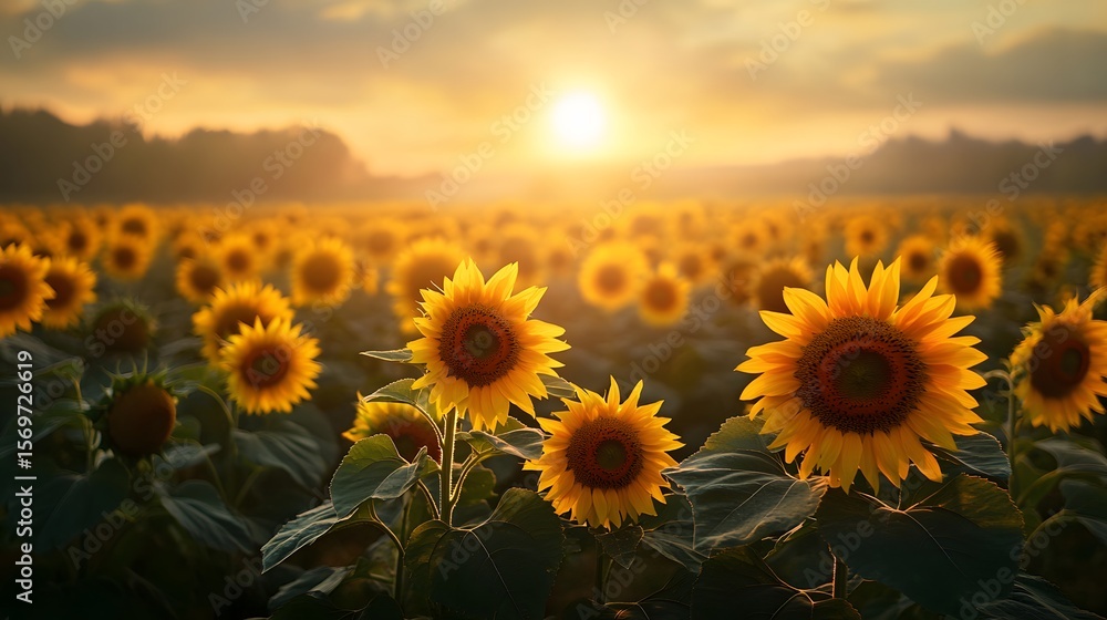 Fototapeta premium A vast field of bright yellow sunflowers stretches towards the golden horizon as the warm morning sun casts a gentle light on the rural summer landscape scene.