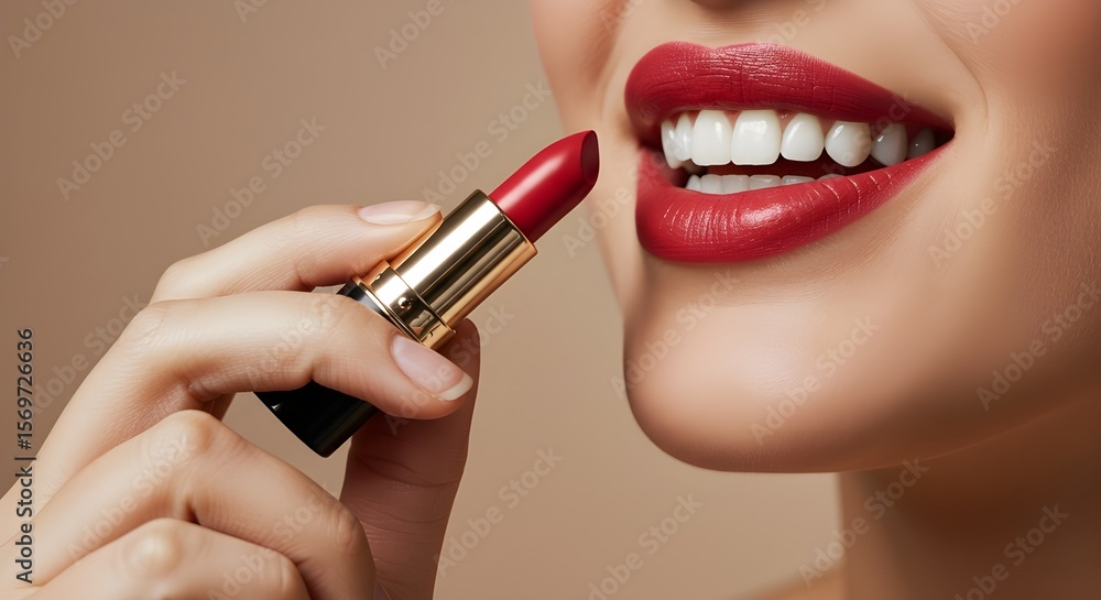 Obraz premium Hand holding a red lipstick near a smiling mouth, close-up, focus on lips, color, and expression, concept of beauty, femininity, self-care, and confidence, soft lighting and clean background