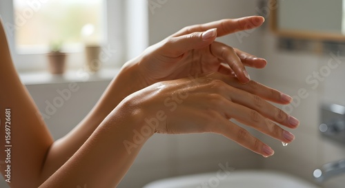 Close-up of female hands applying body oil to glowing skin, soft lighting, focus on skin texture and shine, concept of skincare, self-care, hydration, and natural beauty.