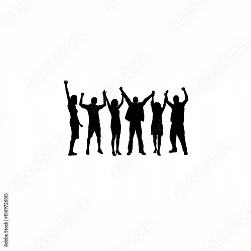 Silhouette of group celebrating success with arms raised on white background