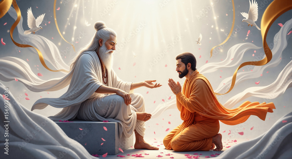 Fototapeta premium Guru Purnima Sacred Bond Framed by Birds of Peace and Light-Filled Stillness