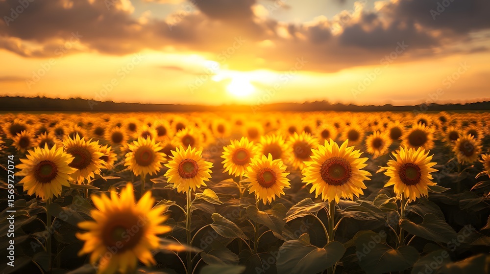Fototapeta premium A picturesque sunflower field stretches towards the horizon bathed in the warm glow of the setting sun illuminating the petals and creating a serene landscape.