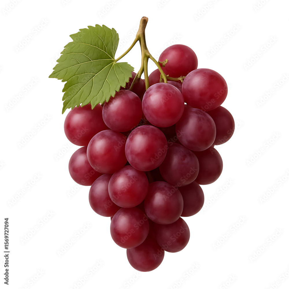 Fototapeta premium Fresh red grapes with green leaf isolated on transparent background