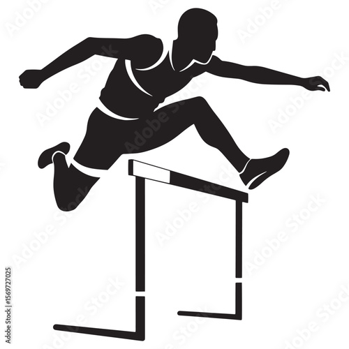 Athletic silhouette of a male hurdler jumping over a barrier in a track and field event