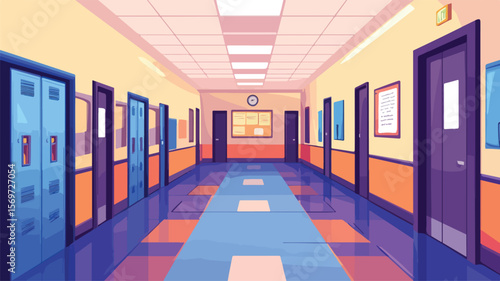 Empty School Hallway with Classroom Doors, Education Interior Design Concept EPS Image
