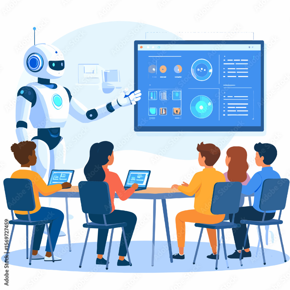 AI Robot Teaching a Class of Diverse Students with Interactive Screen in a Bright Classroom Setting with Blue and White Color Scheme AI Robot Teaching a Class of Diverse Students with Interactive Screen in a Bright Classroom Setting with Blue and White Color Scheme