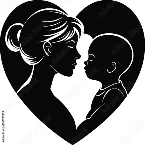 Serene Mother and Child Silhouette within Heart Symbolizing Love and Protection Gentle portrayal of maternal bond against black background