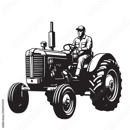 Black and white illustration of a farmer driving a vintage tractor on a farm field