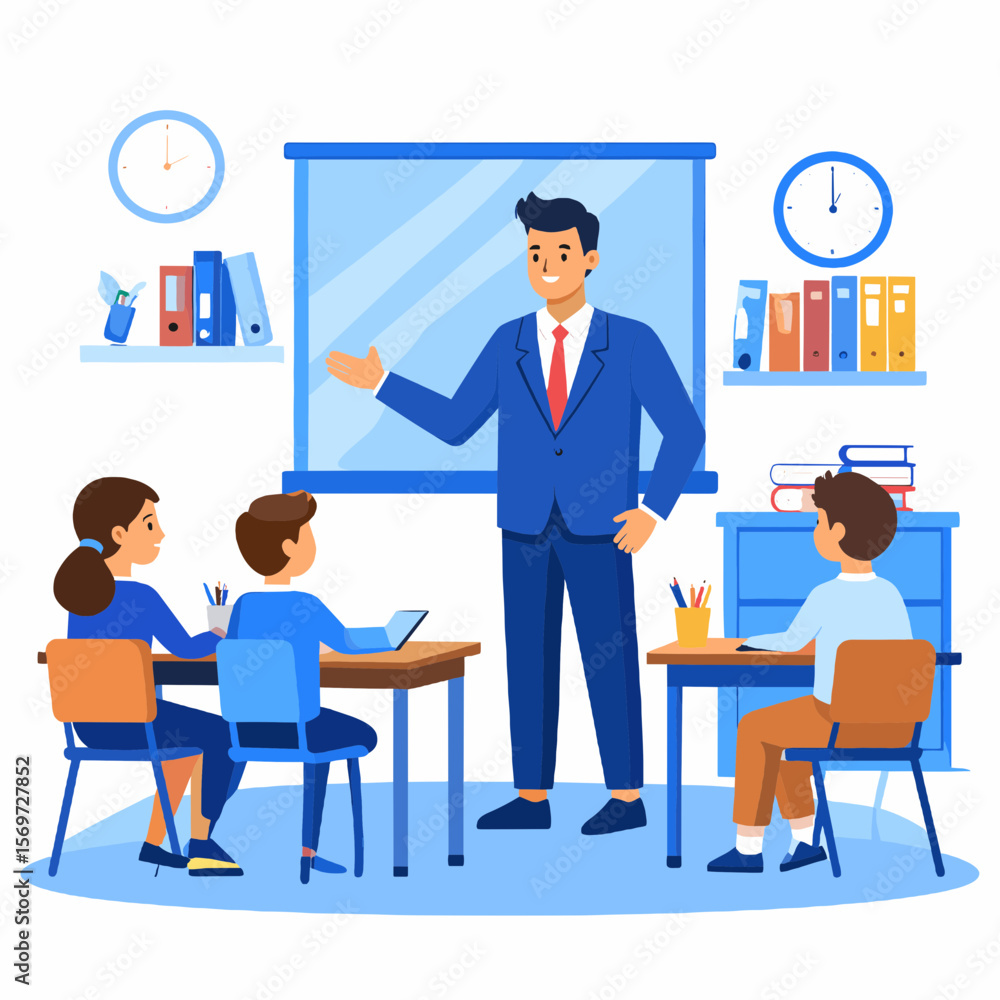 Blue Clad Teacher Giving a Lecture to Students in Bright Classroom with Books and a Whiteboard Illustration Blue Clad Teacher Giving a Lecture to Students in Bright Classroom with Books and a Whiteboard Illustration