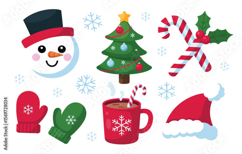 "Cute Winter and Christmas Vector Illustrations - Snowman, Tree, Candy Canes, and More".