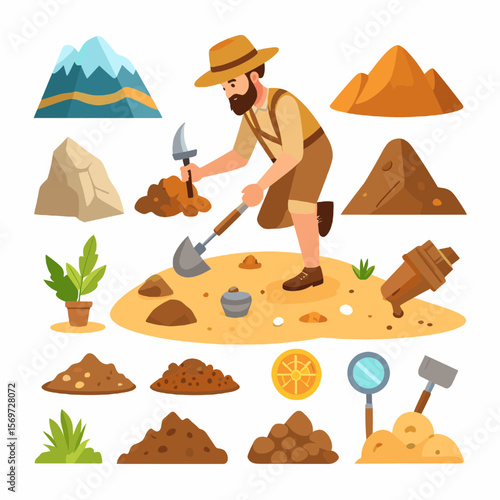Cartoon Archaeologist Digging with Shovel in Sandy Excavation Site Featuring Compass Magnifying Glass Hammer and Assorted Rock Piles