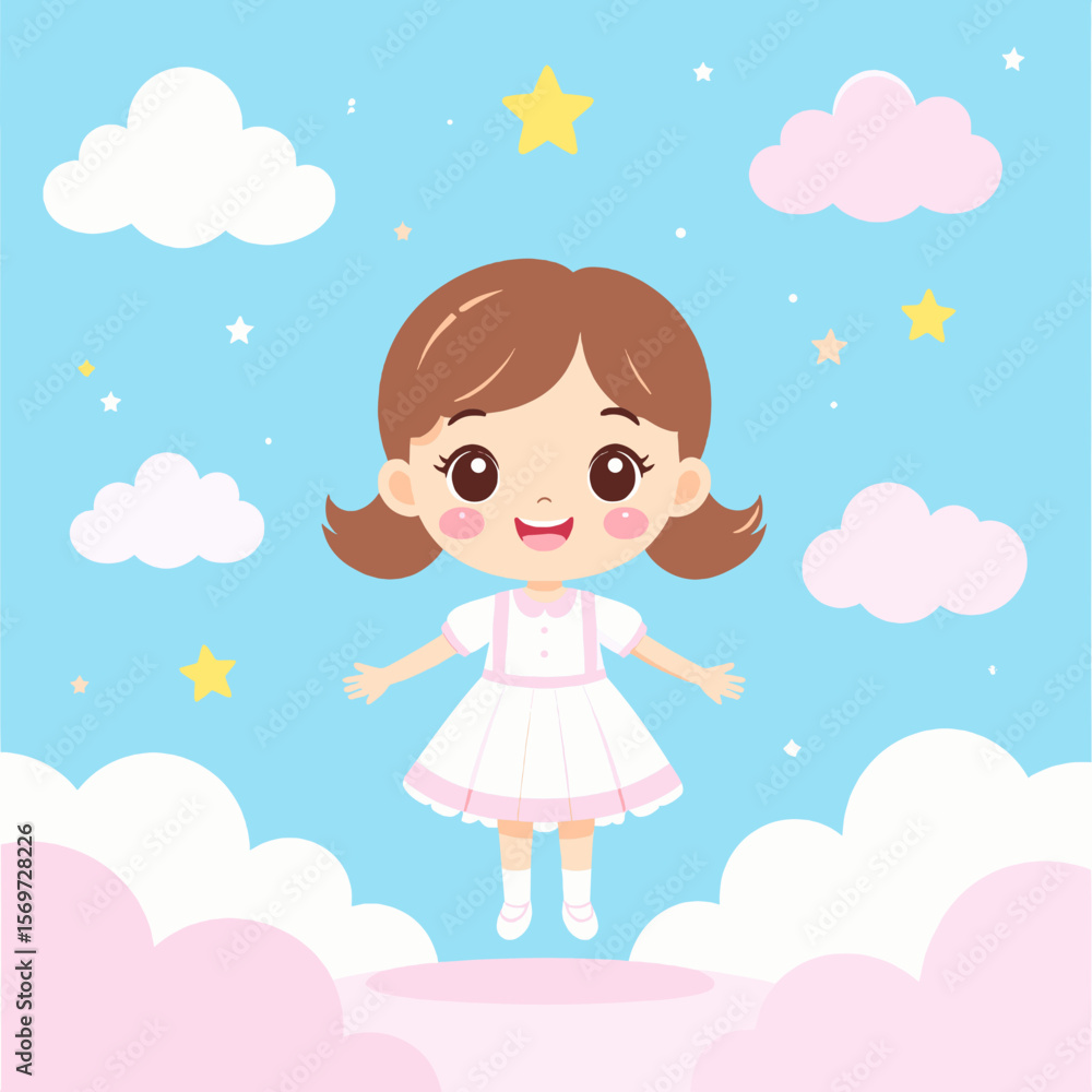 Cartoon Girl Illustration Floating Among Clouds and Stars in a Blue Sky with a Happy Expression in Vector Art Design Cartoon Girl Illustration Floating Among Clouds and Stars in a Blue Sky with a Happy Expression in Vector Art Design