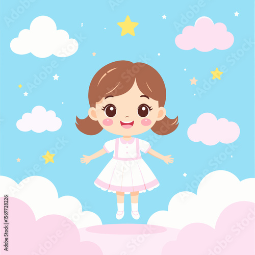 Cartoon Girl Illustration Floating Among Clouds and Stars in a Blue Sky with a Happy Expression in Vector Art Design