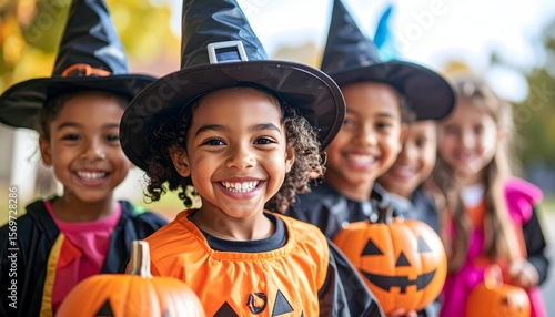 A joyful group of diverse young children, dressed in vibrant Halloween costumes like witches and pumpkin characters, smile brightly and hold their trick-or-treat pumpkins, ready for festive fun