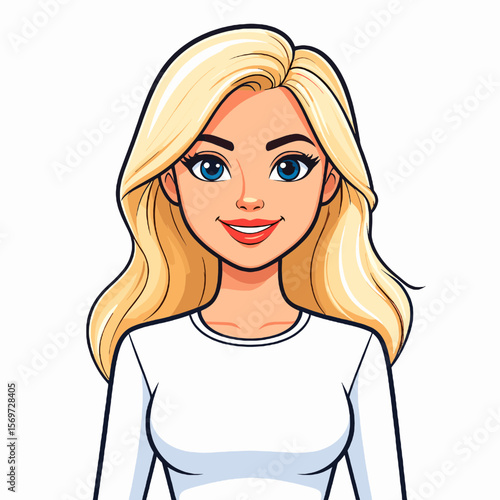 Cartoon Portrait of a Beautiful Blond Woman with Blue Eyes Smiling on White Background Digital Art